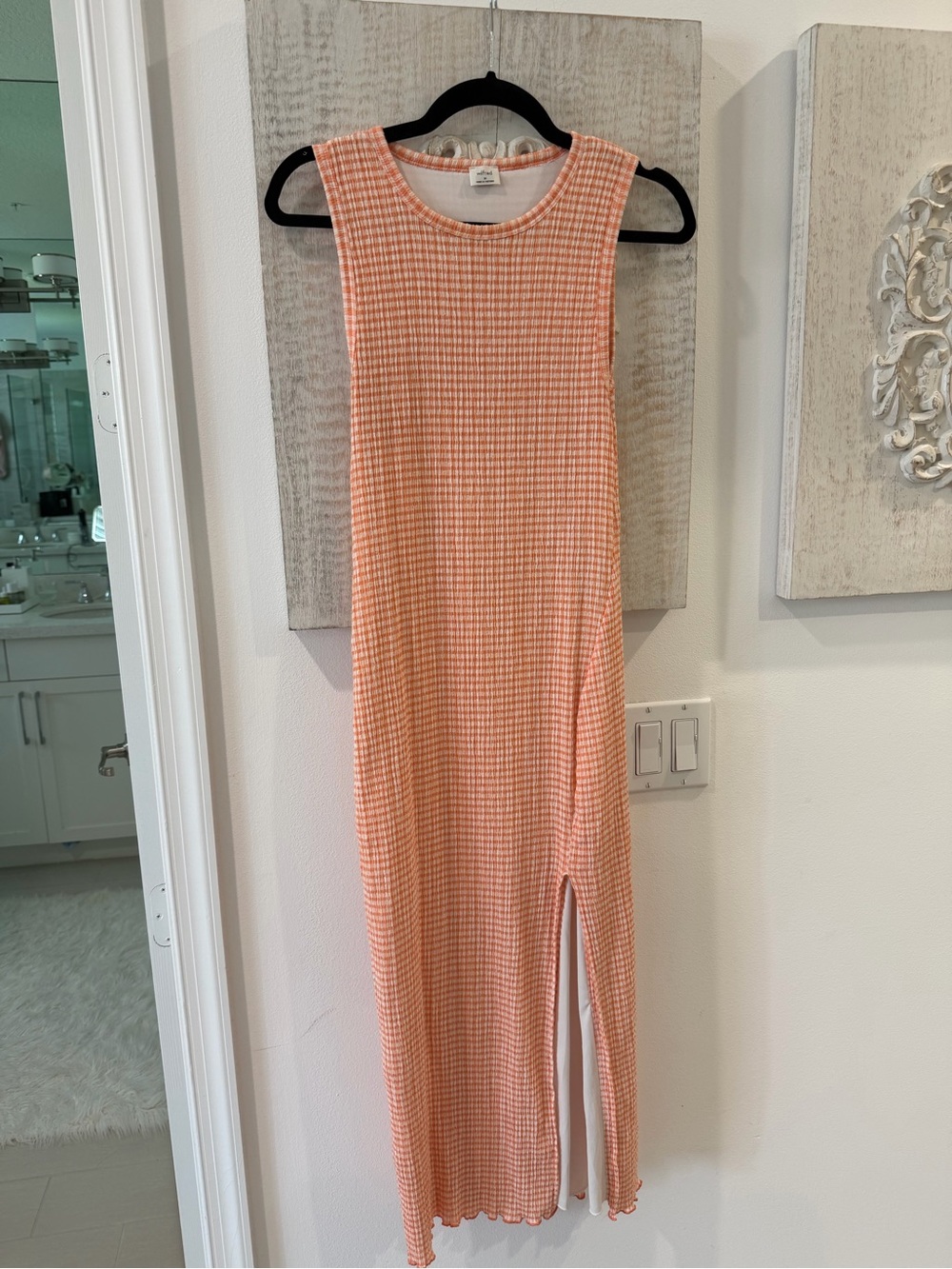 Wilfred Peach Check Sleeveless Maxi Dress with Side Slit